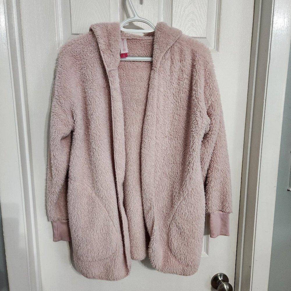 Open front cardigan soft fuzzy pink hooded jacket
